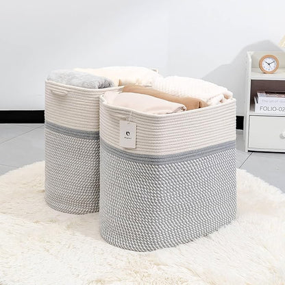 Rectangle Woven Baskets for Storage, Cotton Basket Large Blanket Basket, Laundry Nursery Rope Basket Living Room, Toy Storage Tall Laundry For Organizing, Large Baskets Clothes Collapsible