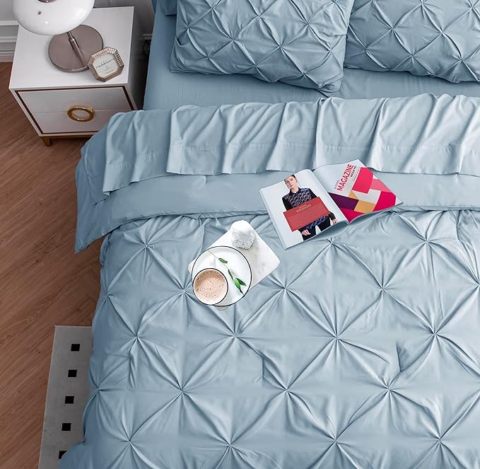 LANE LINEN King Size Comforter Set with Sheets, Complete 7 Piece King Comforter Set, Pintuck King Bedding Set, Soft King Size Bed in a Bag Set, Premium King Bed Set, Pillowcases & Shams - French Blue