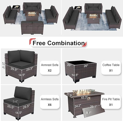 Patio Furniture Sectional Sofa Set 10-Pieces PE Rattan Patio Conversation Set w/43in Gas Fire Pit Table, Outdoor Furniture with 55000 BTU Propane Fire Pit, Grey