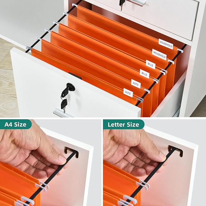 DWVO 3 Drawer File Cabinet with Charging Station, Mobile Filing Cabinet with Lock, White