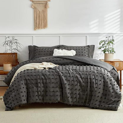 7 Pieces Tufted Dots Bed in a Bag Queen Comforter Set with Sheets Grey , Soft and Embroidery Shabby Chic Boho Comforters, Solid Color with Pom Pom Design, Jacquard Tufts Bedding Set for All Season