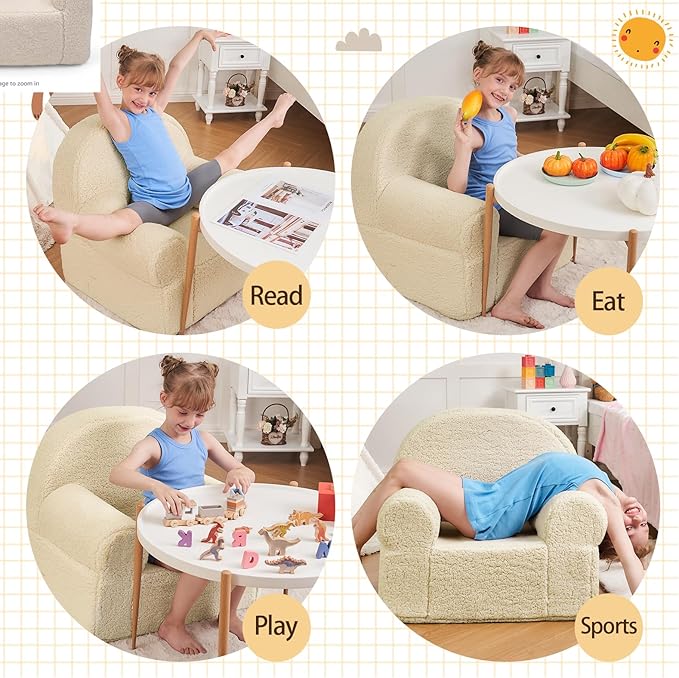Beige Sherpa Toddler Chair, Soft Kids Plush Chair for Relaxing & Reading, Lightweight Handle Design, Easy to Clean, Removable Cover, Modern Style, 22x20x24 inches, 7.7 pounds