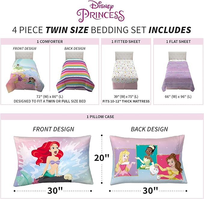 Disney Princess Ariel Kids Bedding Super Soft Comforter And Sheet Set, 4 Piece Twin Size, "Official" Disney Product By Franco