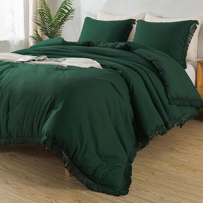 Andency Dark Emerald Green Comforter Set California King, Cal King Boho Lightweight Bedding Comforter Sets, 3 Pieces Oversized All Season Soft Tassel Bed Set (104x96In Comforter & 2 Pillowcases)