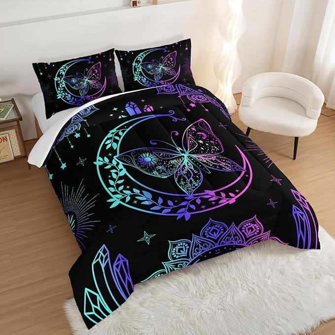 HOSIMA Butterfly Comforter Set 3Piece with 2 Pillowcases,Black Comforter Butterfly Aesthetics Room Decor,Boho Mandala Comforter Butterfly Bedding Set for Girls,Bohemian Twin Bed in a Bag.