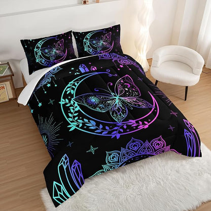 HOSIMA Butterfly Comforter Set 3Piece with 2 Pillowcases,Black Comforter Butterfly Aesthetics Room Decor,Boho Mandala Comforter Butterfly Bedding Set for Girls,Bohemian King Size Comforter Set.