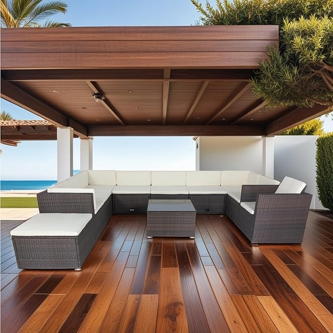 11 Pieces Outdoor Furniture Sofa, 10 Seater Patio Sectional Set with 3 Storage Box Under Seat Brown Wicker + White Cushion for Garden, Balcony, Poolside, Backyard, Zk-Beige
