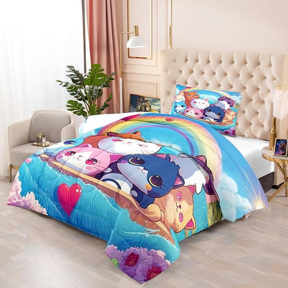 Cat Comforter Set - Cartoon Cat Bedding Sets Twin Comforter Set for Girls Kids Cute Kitty Design Animal Bedding Soft Breathable Cat Quilt for All Season, 1 Comforter 1 Pillowcase