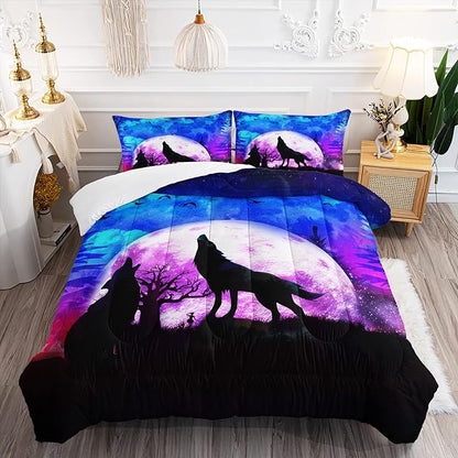 Wolf Comforter Set Galaxy Wolf Night Moon Bedding Set for Kids Teens Room Decor Wild Animals Comforter with 2 Pillowcases