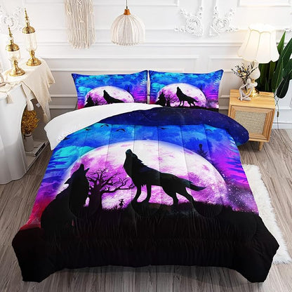 Wolf Comforter Set Galaxy Wolf Night Moon Bedding Set for Kids Teens Room Decor Wild Animals Comforter with 2 Pillowcases