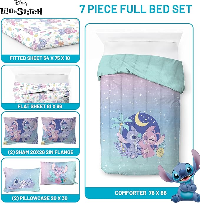 Disney Lilo and Stitch Full Size Comforter Set - 7 Piece Floral Bedding includes Sheet Set & Pillow Covers Features Angel - Super Soft Purple & Teal Stars Kids Bedding