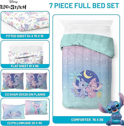 Disney Lilo and Stitch Full Size Comforter Set - 7 Piece Floral Bedding includes Sheet Set & Pillow Covers Features Angel - Super Soft Purple & Teal Stars Kids Bedding