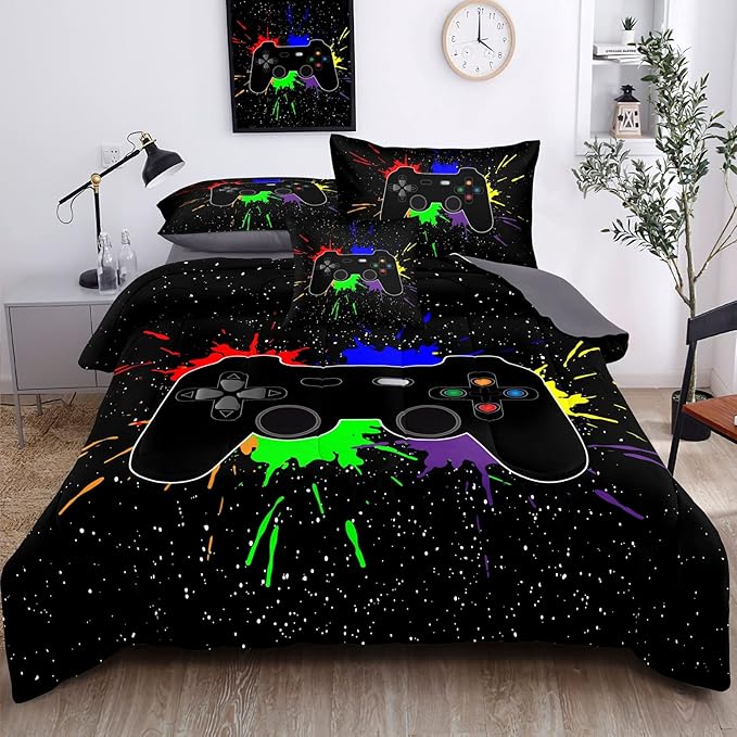 Kids Gaming Bedding Sets, 6 Piece Gamer Comforter Sets for Teens Boys Full Size for Bedroom Comforter Set Adult 3D Gamepad Microfiber Bedding Sets Fits All Season