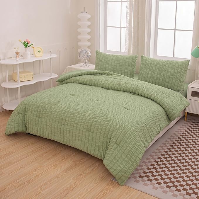5 Pcs Sage Green Comforter Sets Queen Size for Girls Women Kids, Boho Light Green Bedding Set Queen Size,Soft Lightweight Microfiber Bed Set for All Season
