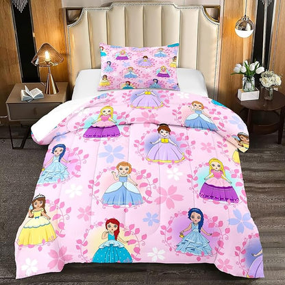 Princess Comforter Sets Twin for Girls, Cute Princess Bedding Comforter Sets, Pink Twin Size Comforter Set for Girls Kids Twin Bedding Set with 1 Pillowcase