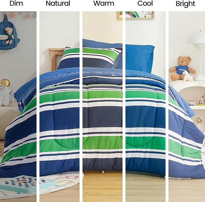 SLEEP ZONE Jersey Knit 3 Pieces Kids Comforter Set, Navy Gree Rugby Stripe Design for Boys and Teens. Durable, Breathable and Easy Care, All Season Use (Rugby Stripe Navy/Green, Full/Queen)