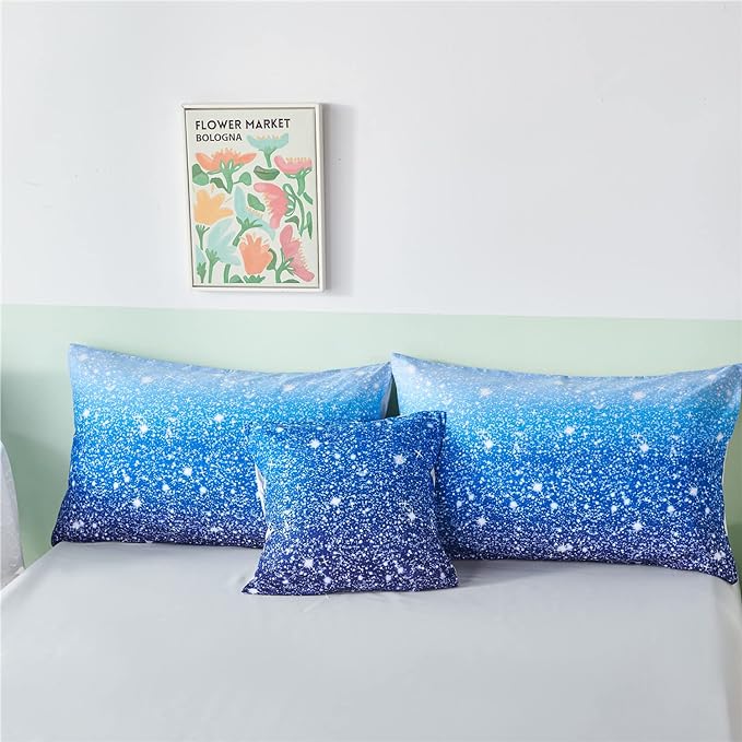 RYNGHIPY 6Pcs Gradient Aqua Blue Navy Ombre Comforter Sets with Sheets Pillowcases, Twin Size Sparkle Glitter Design Comforter Bedding Collections for Kids Boys and Girls