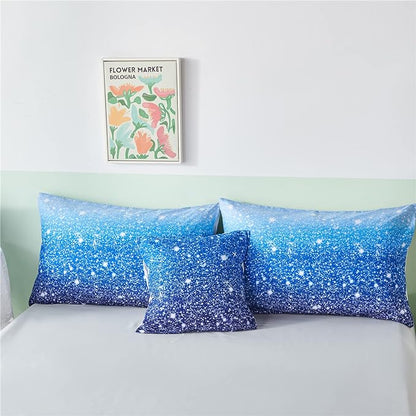 RYNGHIPY 6Pcs Gradient Aqua Blue Navy Ombre Comforter Sets with Sheets Pillowcases, Twin Size Sparkle Glitter Design Comforter Bedding Collections for Kids Boys and Girls