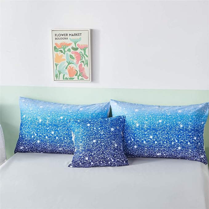 RYNGHIPY 6Pcs Gradient Aqua Blue Navy Ombre Comforter Sets with Sheets Pillowcases, Full Size Sparkle Glitter Design Comforter Bedding Collections for Kids Boys and Girls