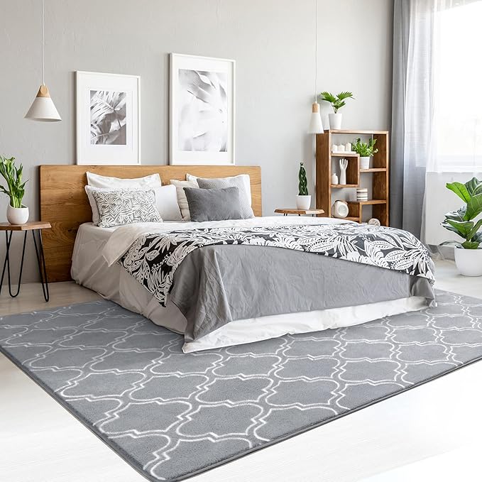 Chicrug Shag Geometric Modern Area Rug for Bedroom, 6x9 Feet Memory Foam Indoor Carpet, Fluffy Rug for Living room Bedside Room Decor for Family Girls Kids Nursery Play Mat, Grey/White