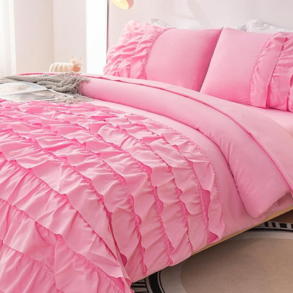 Pink Comforter Set Twin, 5-Piece Bed in a Bag Twin for Teen Girls, Pink Ruffle Bedding Set for Girls Kids, Teen Girls Bedding Sets,Princess Dress Comforter for All Season