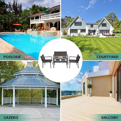 4 Pieces Patio Furniture Set Outdoor Garden Patio Conversation Sets Poolside Lawn Chairs with Tempered Glass Coffee Table Loveseat Porch Furniture Textilene Fabric Brown