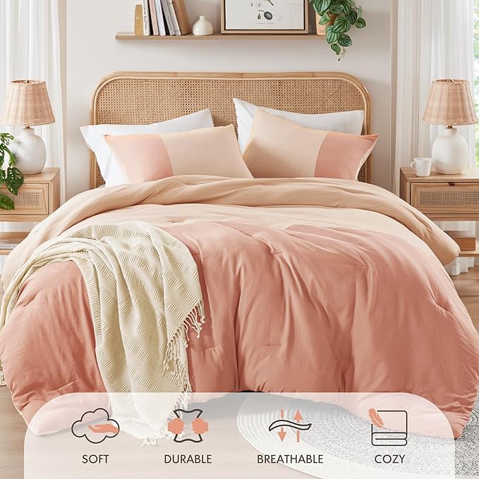 Pink King Size Comforter Set - Modern Farmhouse Soft Comforter Sets for Women, Colorblock Pattern Bed Sets for All Season, 3 Pieces includes 1 Comforter, 2 Shams (104"x 90")