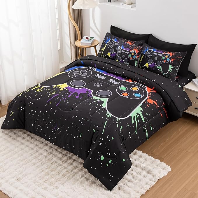 8Pcs Gamer Comforter Set with Sheets for Boys Girls Kids Teens, Colorful Graffiti Gaming Themed Bed in A Bag Twin Size, Black 3D Video Game Controller Bedroom Decor Bedding Set-Black