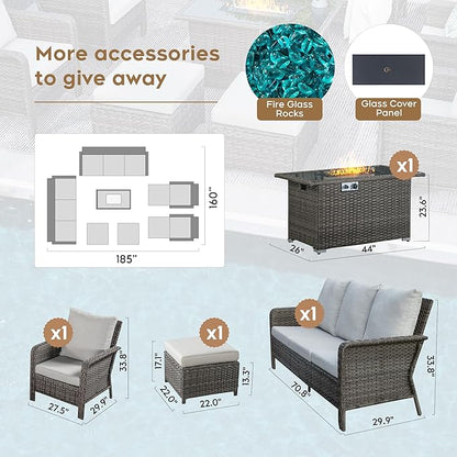 Yechen Patio Conversation Set 12 Seats with 44" Propane Gas Fire Pit Table - 9 Pcs Outdoor Wicker Furniture Set with Lid & Wind Shields - Sectional Sofa Set for Porch,Backyard