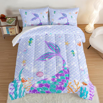 HOSIMA Mermaid Tail Comforter Set 3Pcs with 2 Pillowcases,Purple Fish Scales Bedding Set for Girls Kids Women,Cartoon Ocean Life Sea Animal Queen Comforter Set Mermaid Room Decor