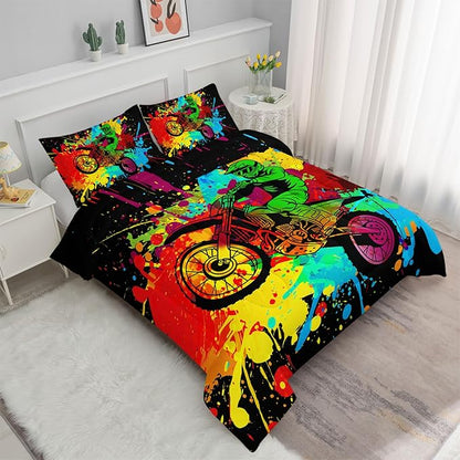 Axolotl Motocross Bedding Set Queen,Dirt Bike Comforter Set,Extreme Sports Bedding,Motorcycle Racer Comforter Set Motocross Comforter Motor Vehicles Biker For Boys Kids Teens Men,1 Quilt 2 Pillowcases