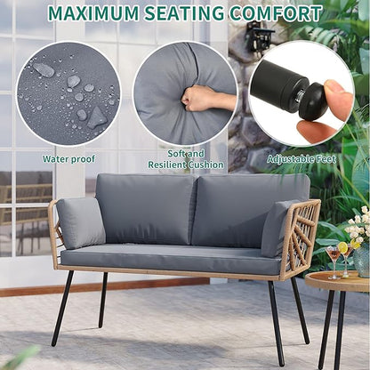YITAHOME Wicker Outdoor Loveseat, All-Weather Patio Sofa for Balcony, Backyard, Pool, Porch, Deck, Outdoor Sectional Furniture Set with Table & Cushions - Grey