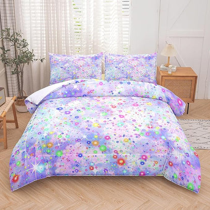 Girls Queen Comforter Set, Purple Blue Tie Dye Comforter, Colorful Glitter Comforter Set, Girls Bedding Sets for Kids Teens (3 Pieces, 1 Comforter + 2 Pillowcases)