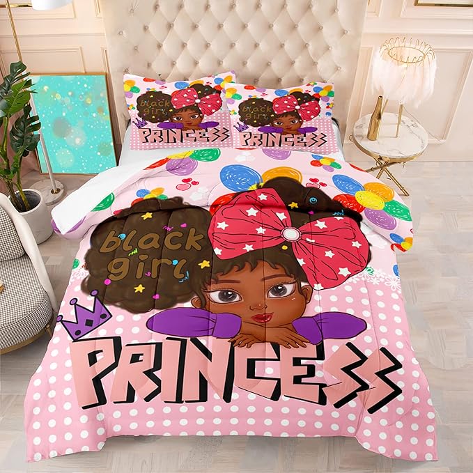 Black Girl Queen Comforter Set Black African American Girls Queen Comforter Set Princess Queen Bedding Set Room Decor Black Girl Kids Queen Bedding Sets for Girls, 1 Comforter+2 Pillowcases