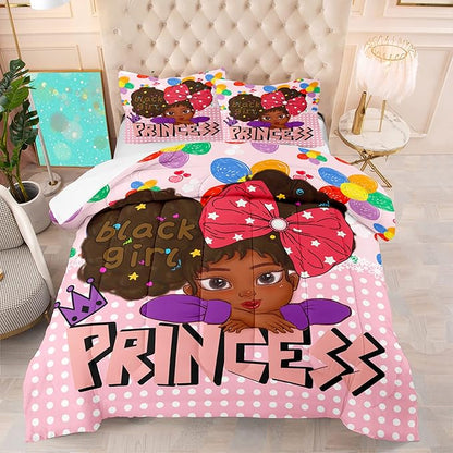 Black Girl Queen Comforter Set Black African American Girls Queen Comforter Set Princess Queen Bedding Set Room Decor Black Girl Kids Queen Bedding Sets for Girls, 1 Comforter+2 Pillowcases