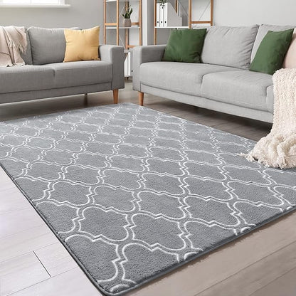 Chicrug Shag Geometric Modern Area Rug for Bedroom, 6x9 Feet Memory Foam Indoor Carpet, Fluffy Rug for Living room Bedside Room Decor for Family Girls Kids Nursery Play Mat, Grey/White