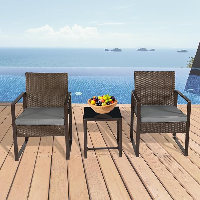 3 Pieces Patio Furniture Set Outdoor Wicker Bistro set Rattan Chair Conversation Sets with Coffee Table for Porch, Balcony,Garden,Backyard and Removable Cushions Grey