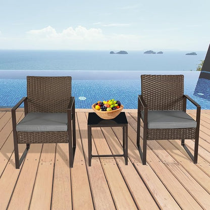 3 Pieces Patio Furniture Set Outdoor Wicker Bistro set Rattan Chair Conversation Sets with Coffee Table for Porch, Balcony,Garden,Backyard and Removable Cushions Grey