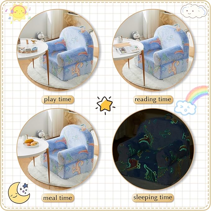 Toddler Chair Kids Plush Chair Kids Sofa Sherpa Kids Chairs, Toddler Couch Bean Bag Chairs for Kids Gaming Chair for Kids Glow in The Dark, Dinosaur