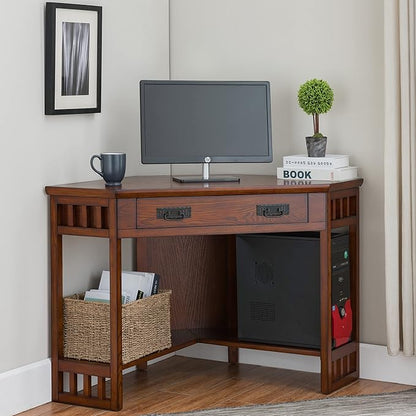 Leick Home 82430 Mission Corner Desk, Writing Computer Desk with Drop Front Keyboard Drawer, for Home Office, Solid Wood, Mission Oak