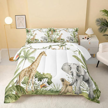 Elephant Giraffe Monkeys Comforter King Size,Wild Animals Kids Comforter Set,3Pcs Bedding Set Printed Comforter with 2 Pillowcases,Down Alternative,Soft and Lightweight,for All Seasons