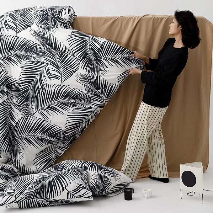 Comforter Set, Full Size, Black Leaves, Modern Boho, 3PCs, All Seasons, Cotton, Breathable, Durable, Ideal Gift, Unisex, Botanical, Lightweight, Warm, Washes Cold, Low Dry