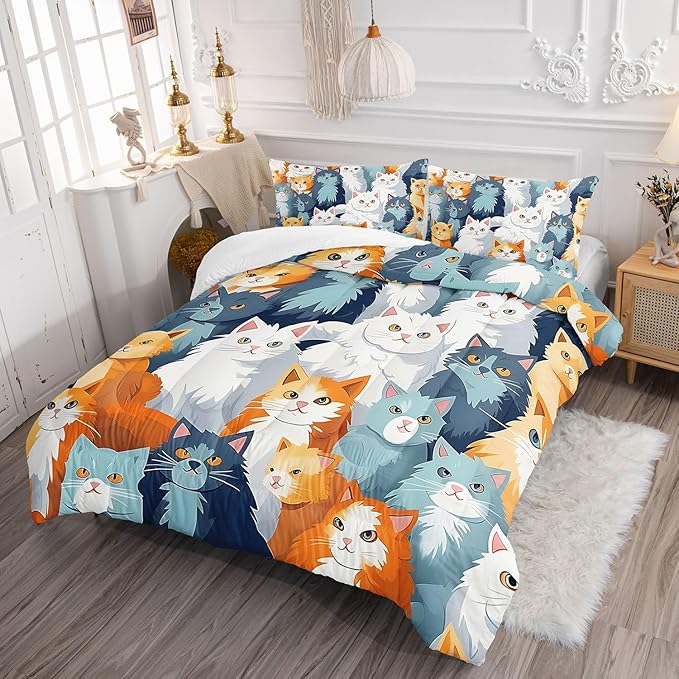 Datura home Kids Comforter Set Cute Cats Printed Pattern Bedding Set with 1 Comforter and 2 Pillowcases for Girls Boys Bedroom All Season(Cat Full)