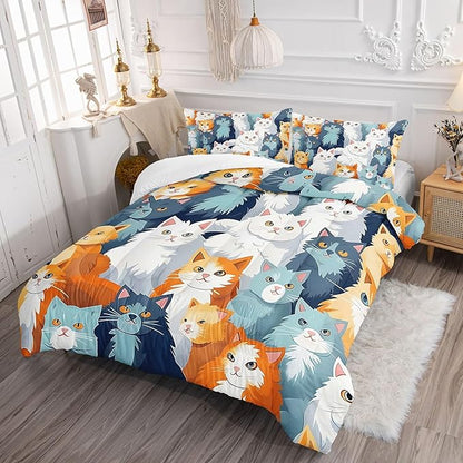 Datura home Kids Comforter Set Cute Cats Printed Pattern Bedding Set with 1 Comforter and 2 Pillowcases for Girls Boys Bedroom All Season(Cat Full)