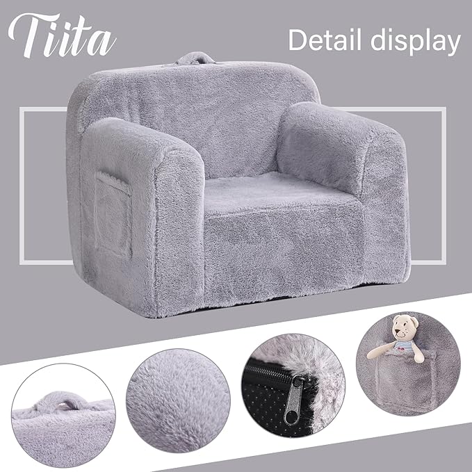 Tiita Kids Sofa, Children Couch with Carrying Handle & Side Pockets, Kids Foam Chair, Toddler Armrest Chair, Lightweight Children Sofa Chair, Kids Read Sofa for Girl or Boy (Grey)