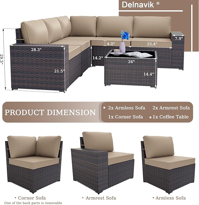 Patio Furniture Set Sofa 6-Piece Wicker Sectional Sofa Set, Outdoor Furniture Rattan Patio Sofa Conversation Set with Thickened Cushions and Glass Coffee Table, Sand