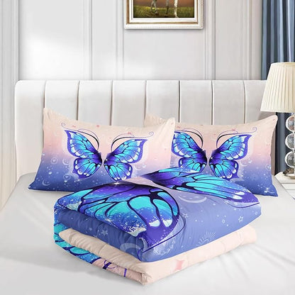 Datura home Bedding Comforter Set Pink Purple Butterfly Printed Pattern Quilt with 1 and 2 Pillowcases for Girls Bedroom All Season(Butterfly Queen) Queen 90x90inches