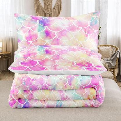 NINENINE Mermaid Comforter Bedding Set,Girls Twin Size Bedding Set,Mermaid Bedding Set,Rainbow Scales Bedding Sets with 1Comforter 1Pillowcase