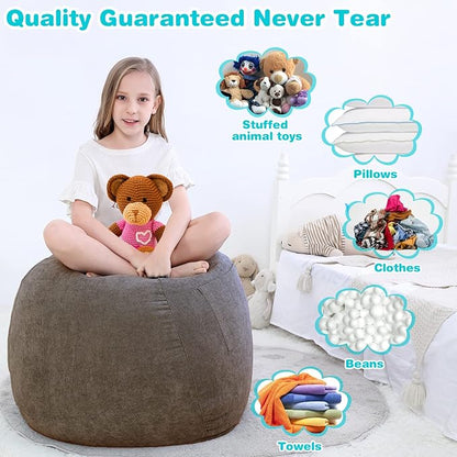 Stuffed Animal Storage Bean Bag Chair Cover (No Filler) for Kids .Soft Premium Corduroy Stuffable Beanbag for Organizing Children Plush Toys or Memory Foam Small 100L (Warm Grey)