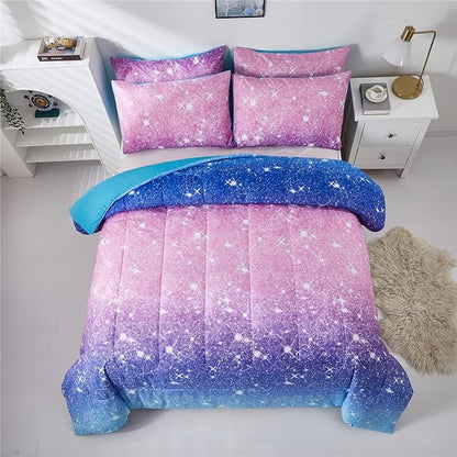 Purple Glitter Comforter Set Full/Queen Size for Girls, Sparkle Galaxy Twinkle for Kids Teen,3 Piece Blue Purple Pink Ombre Pastel Bedding Set 2 Pillow Cases(Purple,Queen),(3-Piece)